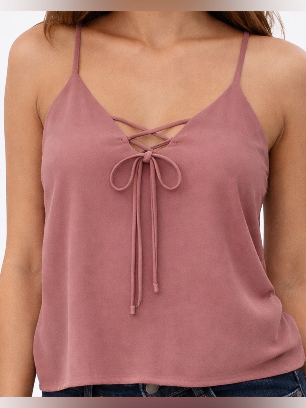 Active USA Lace-Up V-Neck Spaghetti Strap Cami - Mauve